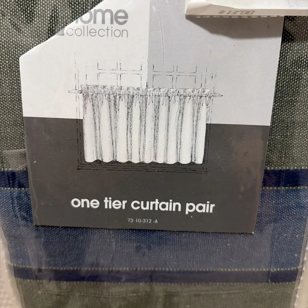 JCPenney Tier Curtain Pair Bradley Stripe Woven Cotton Olive Green Blue 36 in